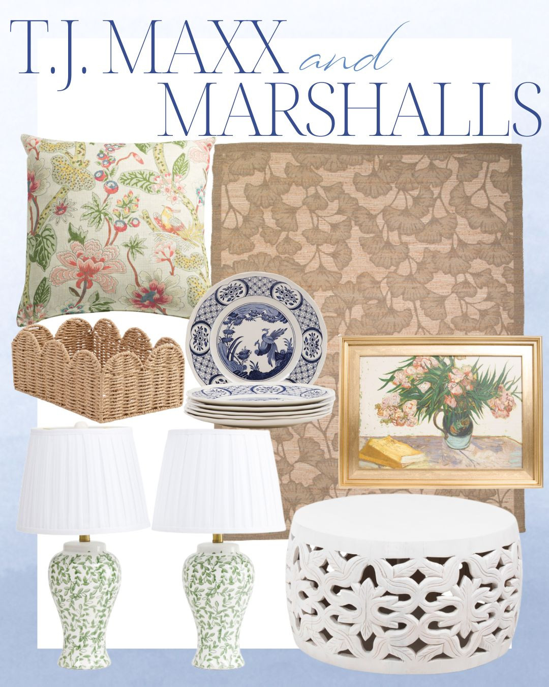T.J. Maxx and Marshalls finds! 

living room | bathroom | bedroom | home decor | home refresh | bedding | nursery | classic home | traditional home | blue and white | furniture | coffee table | southern home | coastal home | grandmillennial home | scalloped | woven | rattan | classic style | preppy style | grandmillennial decor | blue and white decor | classic home decor | traditional home | bedroom decor | bedroom furniture | dresser | blue chair | brass lamp | floor mirror | euro pillow | white bed | linen duvet | side table | rug | glassware | cups | plates | hosting | kitchen spring | sale picks | outdoor furniture | porch | beach | Lillian August | Karma Home | Ballard Designs 

 #LTKHome