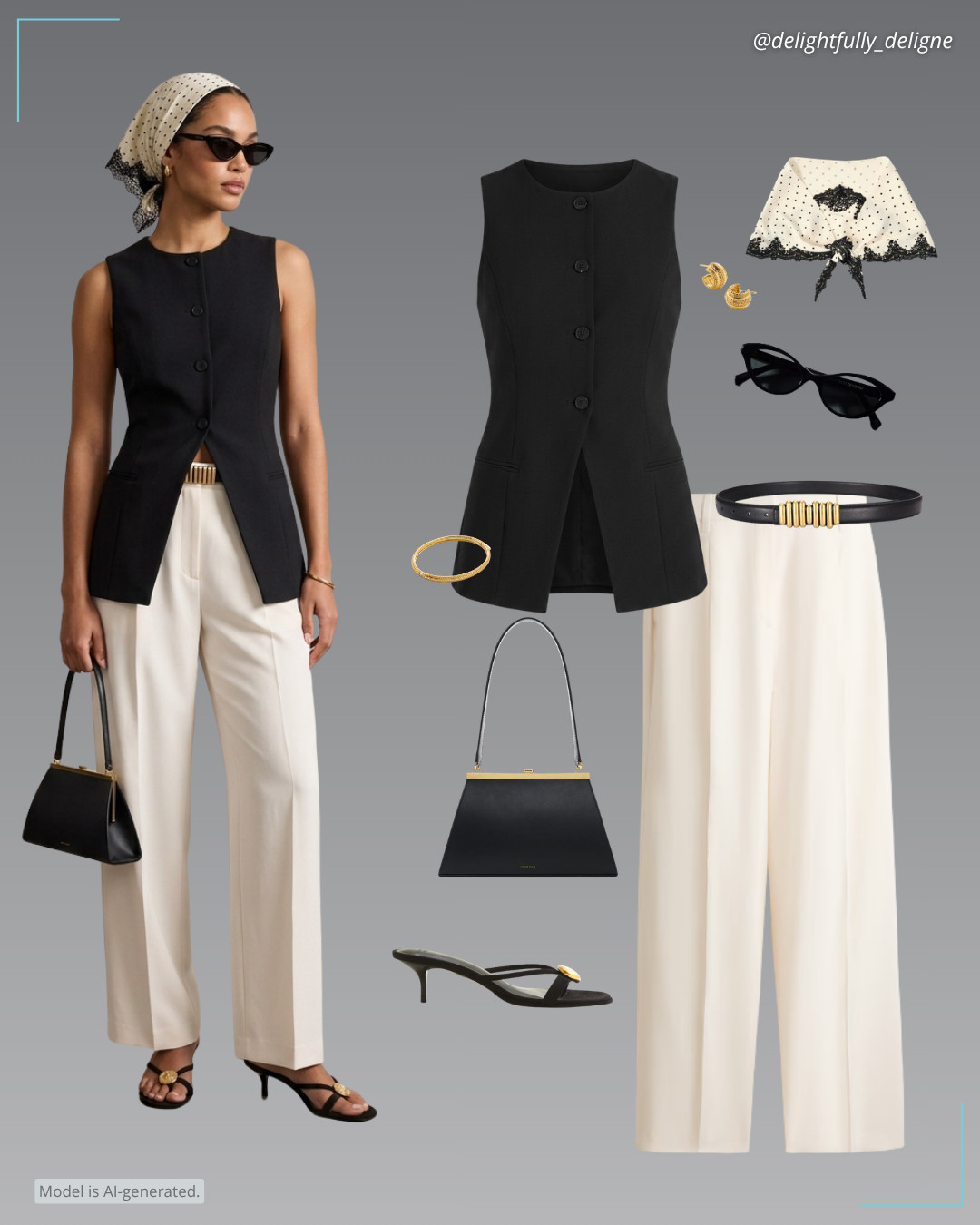 Tailored Summer Contrast 🖤🤍 Long waistcoat, linen-blend dress pants, satin lace trim scarf, golden buckle faux leather thin belt, suede hardware kitten heels, smooth leather bag, cat-eye sunglasses, bold small hoop earrings & bangle.   

 #LTKgrwm #LTKootd #LTKOver40