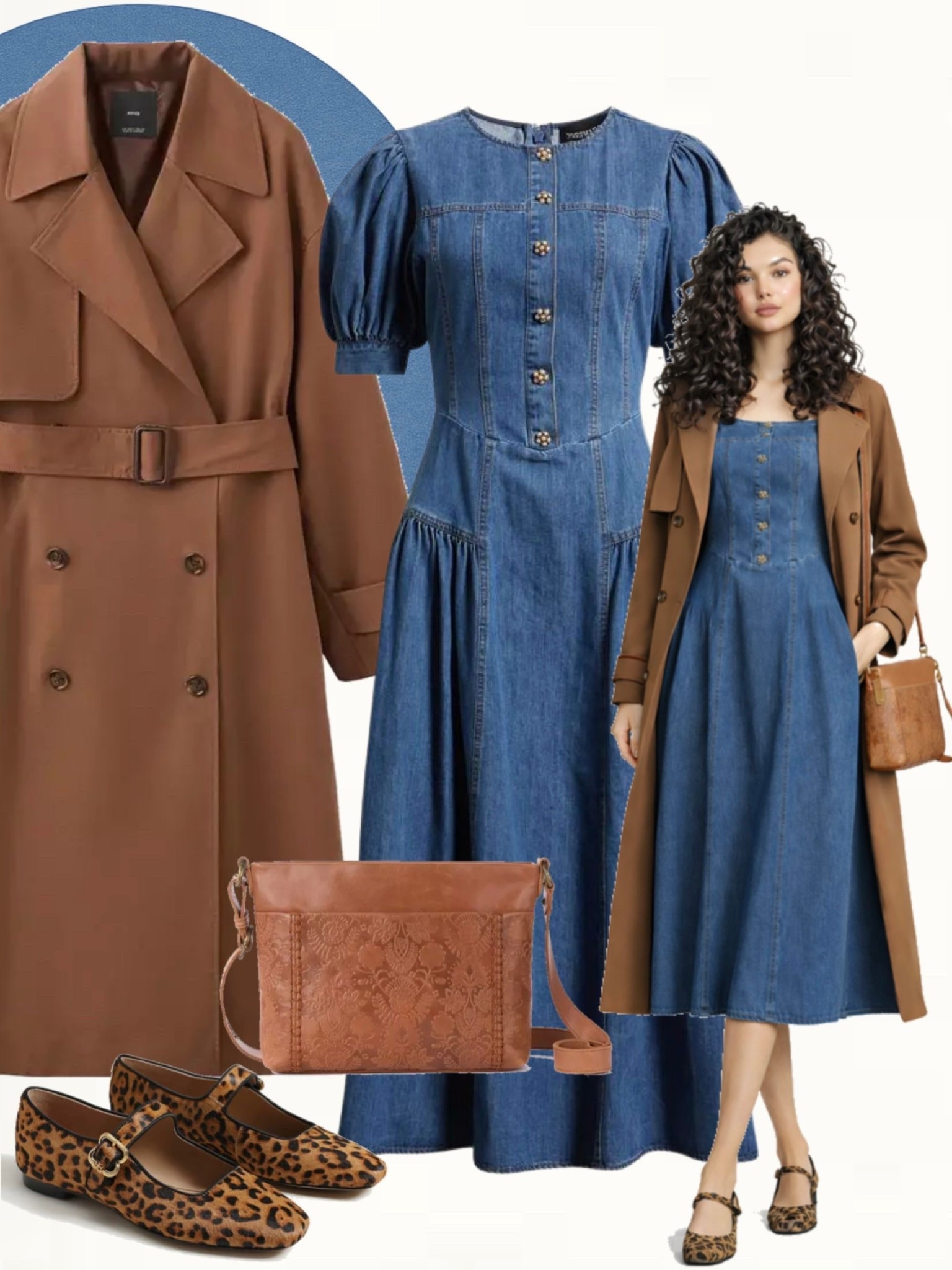 Structured denim midi dress paired with a rich brown trench coat, leopard print Mary Jane flats, and a brown embossed crossbody bag. A warm-toned, elevated everyday look.
#casualchic #denimlook #springfashion

#LTKSeasonal #LTKootd #LTKOver40