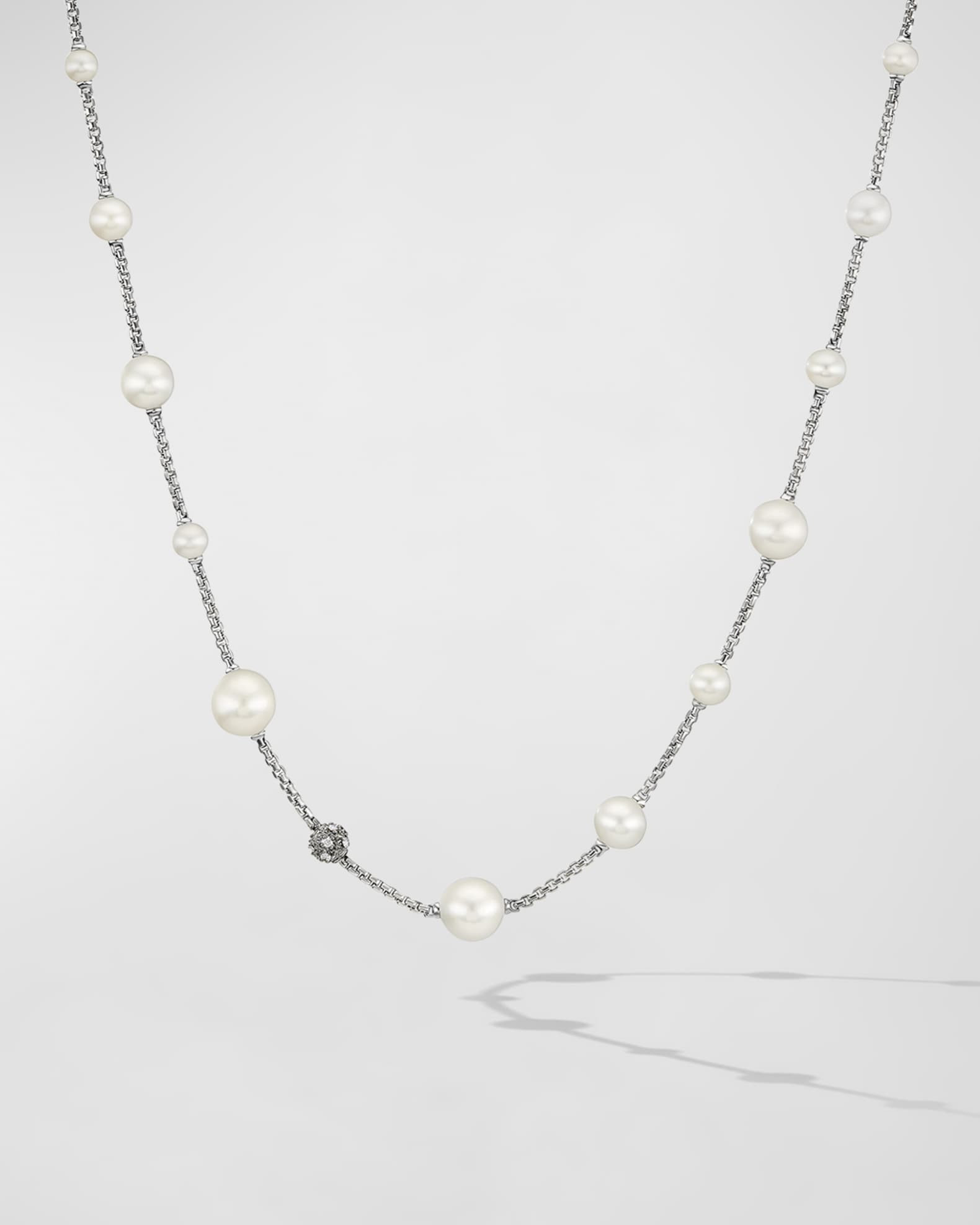 David Yurman Pearl and Pave Necklace with Diamonds in Silver, 2mm | Neiman Marcus