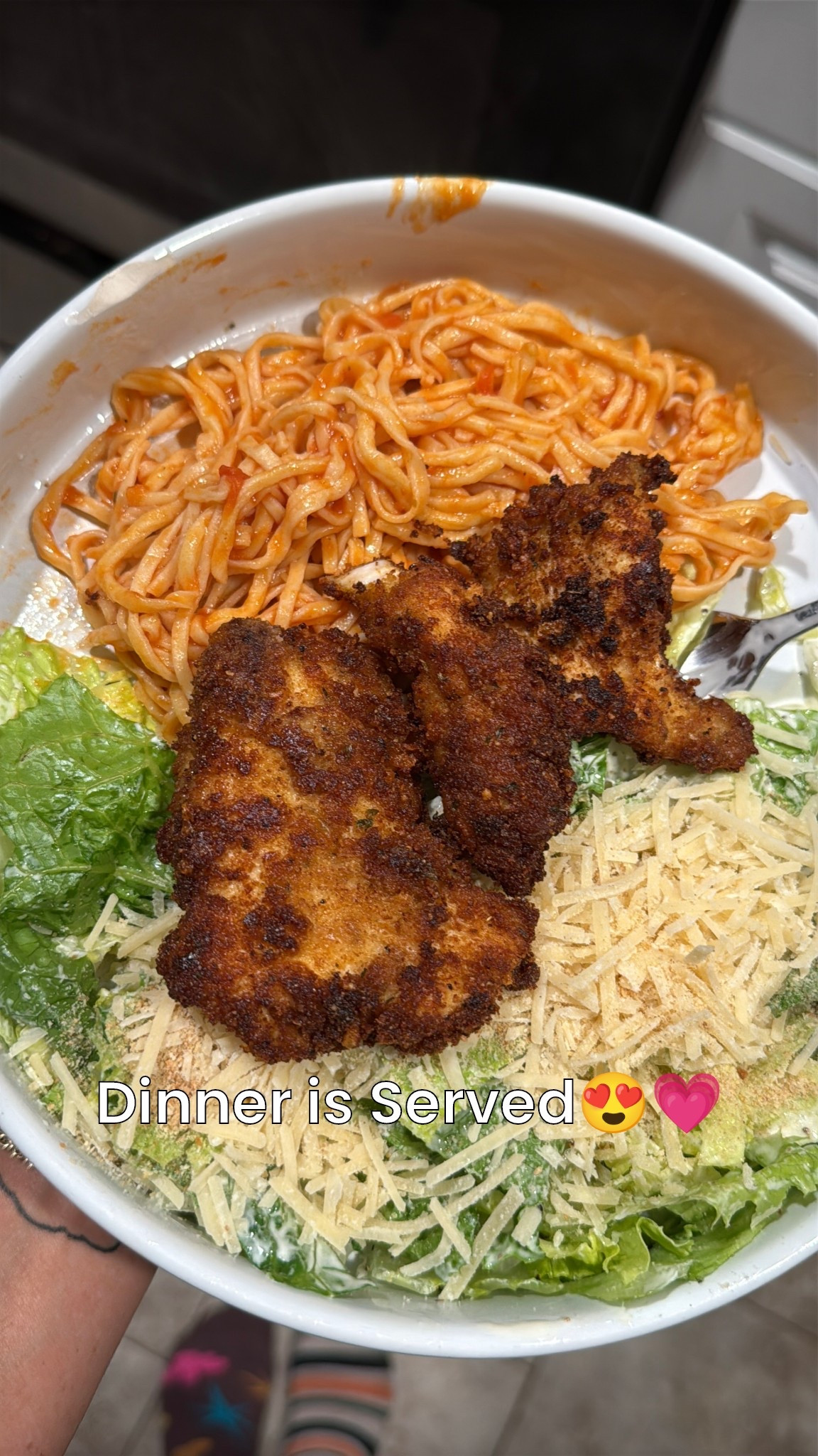 Homemade noodles with chicken cutlets and a delicious Caesar salad🤤😍 I was dreaming about this and it hit the spot.  Linking the BEST dressing, bread crumbs, sauce, and cookware right here😍💗💗 #simplymadisynn #dinnerideas #chickencutlets #homemadenoodles #kitchenaid #kingarthur 

#LTKHome #LTKFindsUnder50 #LTKFamily