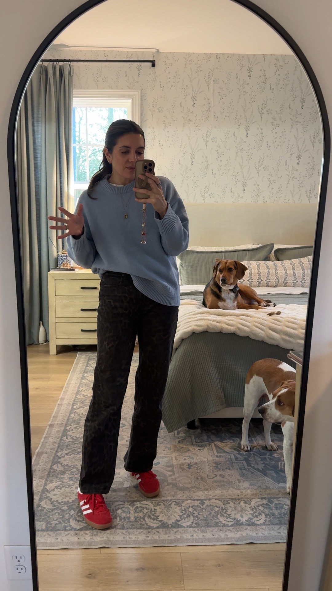 Outfit of the day! Baby blue sweater in size small, leopard print jeans in a 27, adidas sneakers fit tts. 

#LTKOver40 #LTKootd