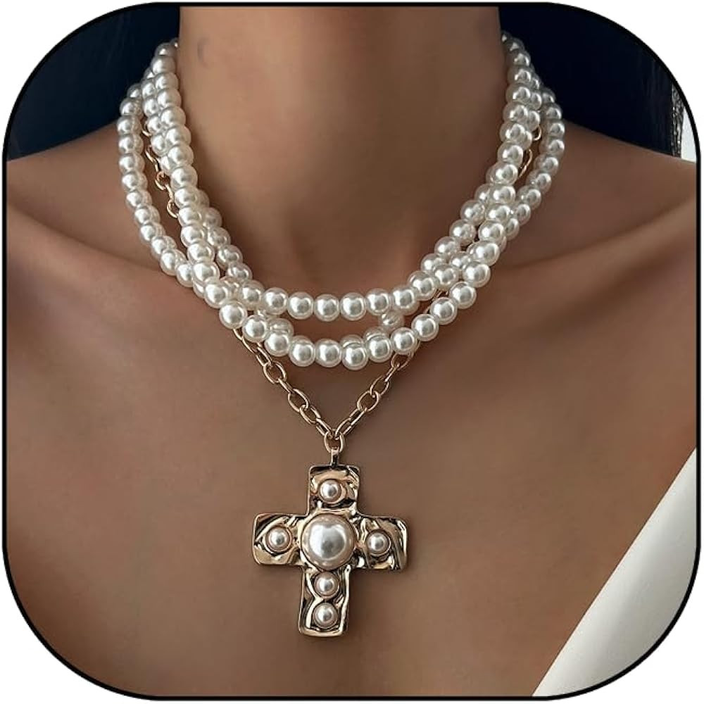 Chunky Cross Necklace for Women Hammered Bold Cross Pearl Layered Necklace Baroque Pearl Costume ... | Amazon (US)