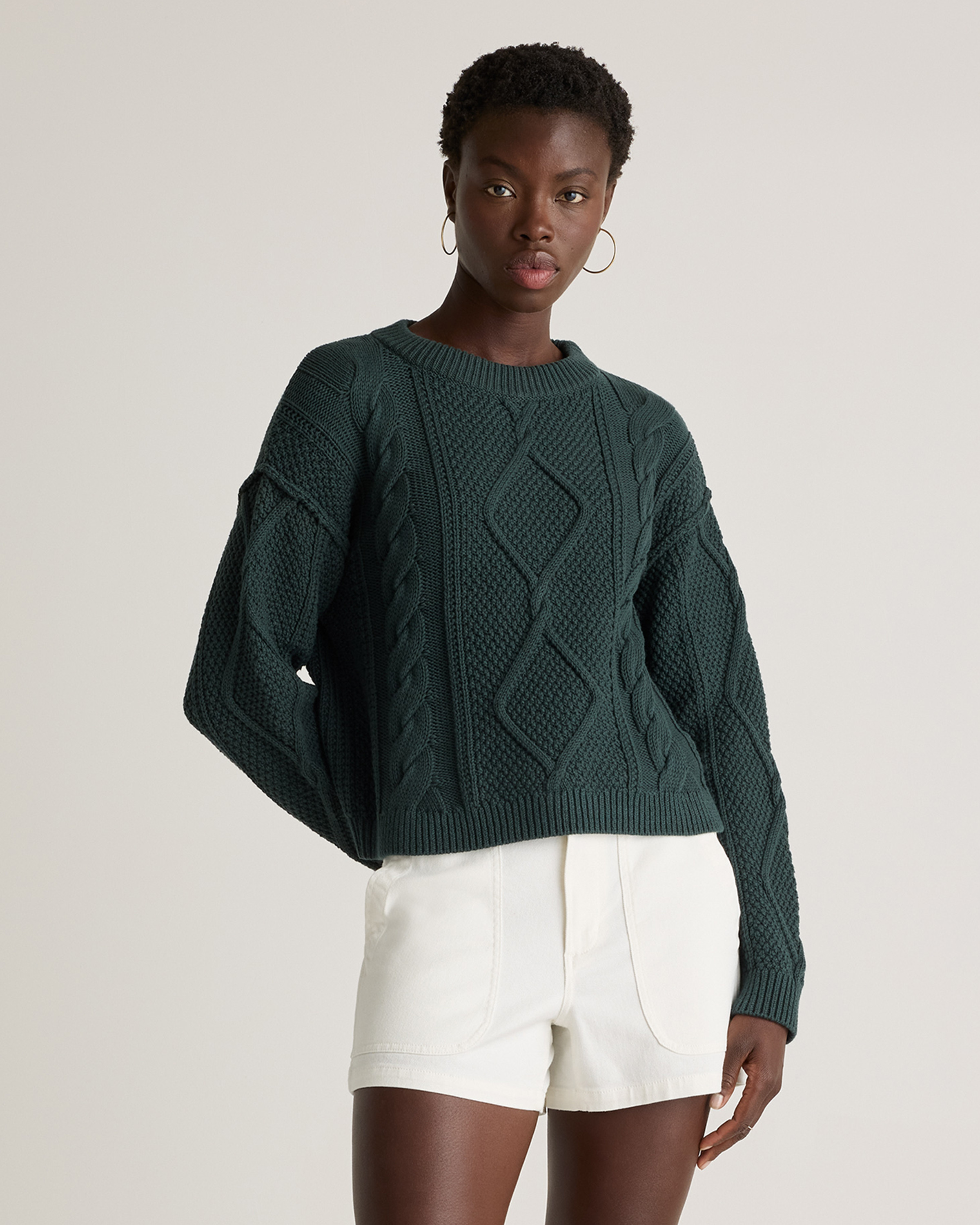 Quince | Women's Cropped Cable Crew Sweater in Dark Spruce, Size Large, Organic Cotton | Quince
