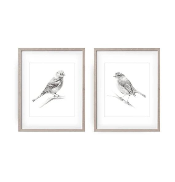 Bird Pencil Drawings, Set of 2 Bird Prints, Farmhouse Wall Decor, Grey Bird Art, Simple Bird Draw... | Etsy (US)