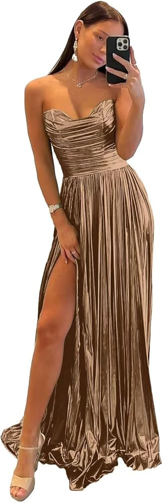 Dexinyuan Women's Sparkly Metallic Prom Dresses 2025 Strapless Satin Ruched Formal Party Evening ... | Amazon (US)