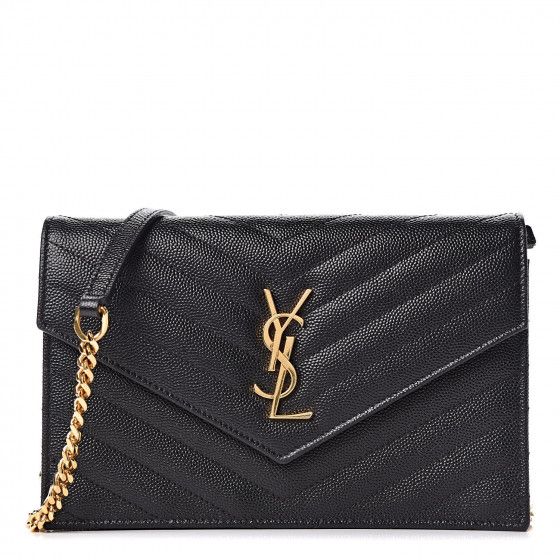 SAINT LAURENT Grain De Poudre Matelasse Chevron Monogram Envelope Chain Wallet Black | Fashionphile