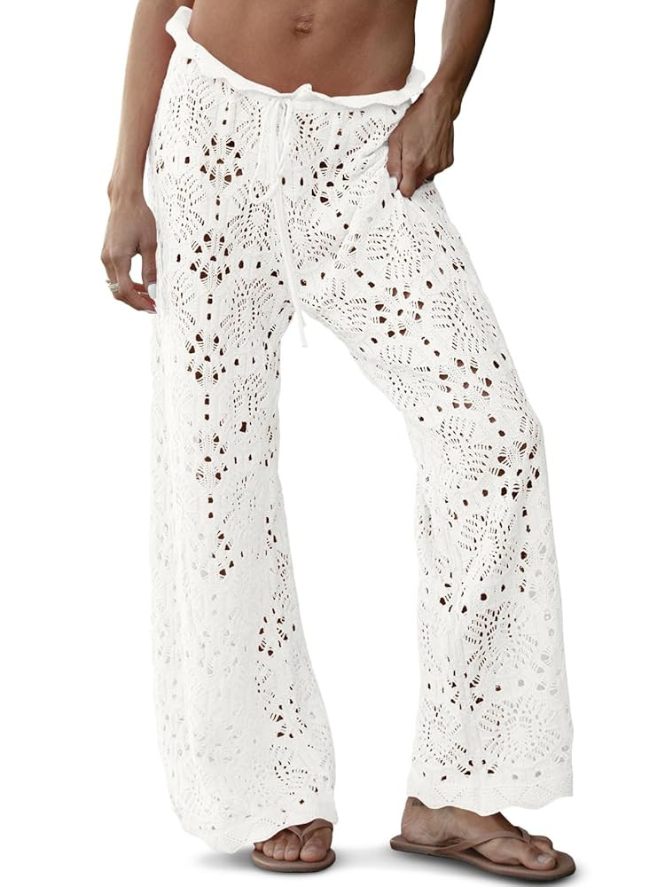 Saodimallsu Womens Crochet Swimsuit Coverup Pants High Waisted Drawstring Sexy Sheer Mesh Knit Wi... | Amazon (US)