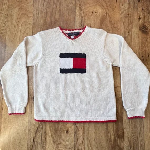 Vintage 90's TOMMY HILFIGER White FLAG Knit Stitched - Large Logo Pullover Sweater - Scalloped Sl... | Etsy (US)