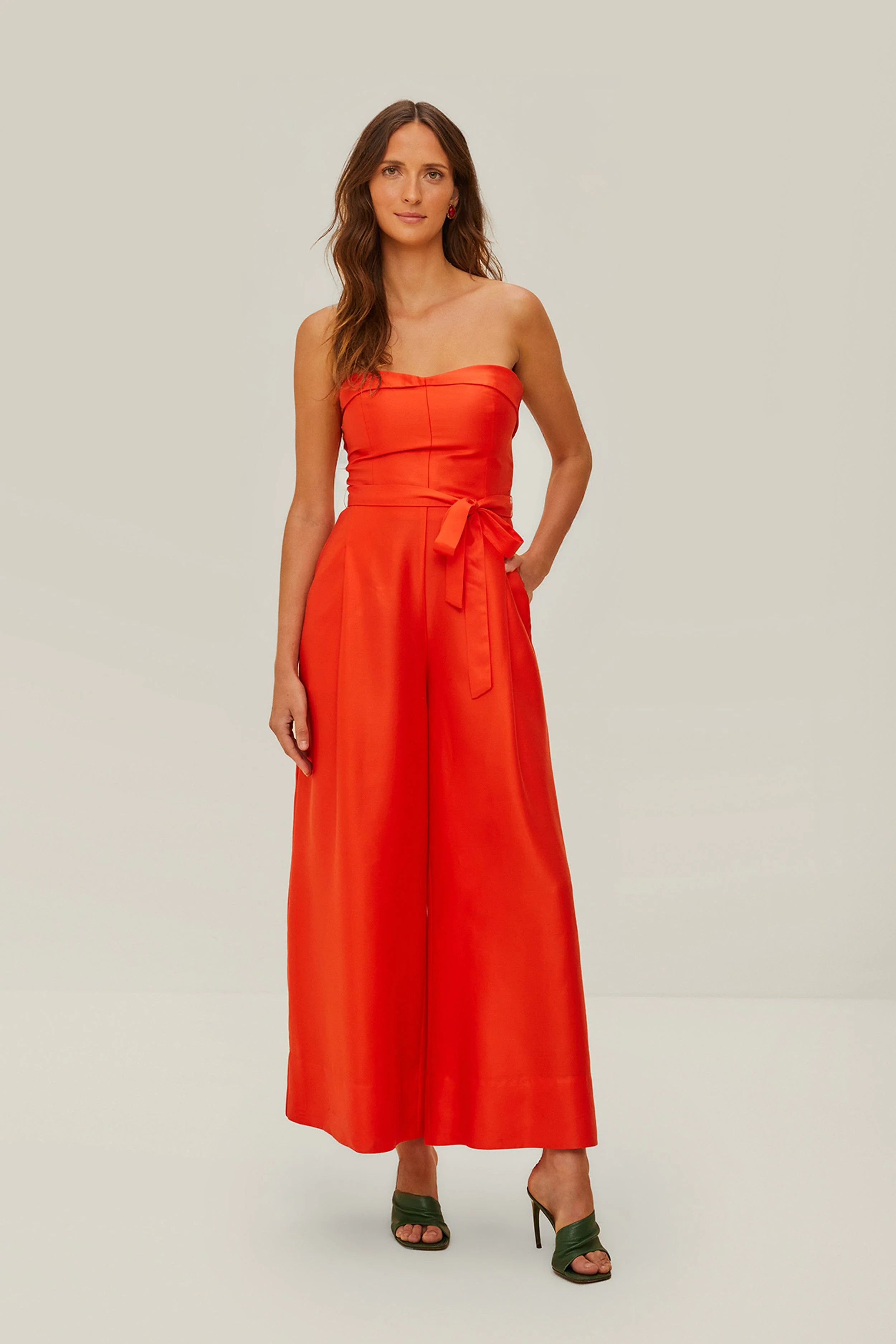 Red Strapless Straight Neckline Jumpsuit | FarmRio (US)