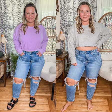 Crop top crew neck top 
Size large in lilac and size Medium in gray 
Prefer the medium but both sizes work fine! 
Jeans size 12 x short 
Sandals run tts use code STYLENRIGHT20 for discount 

#LTKSeasonal #LTKsalealert #LTKcurves