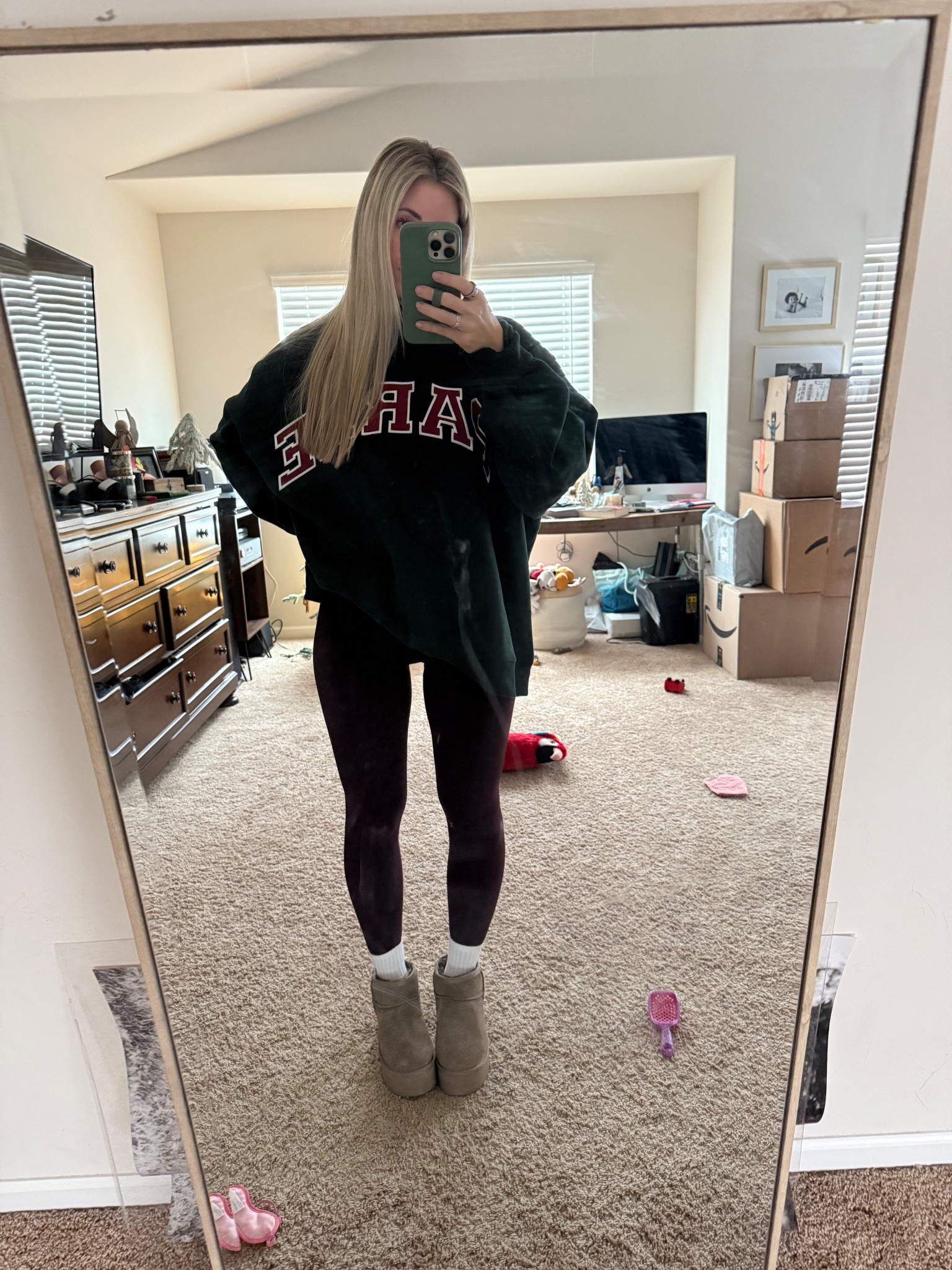 Size XL in the sweatshirt and size 4 in leggings! 
Boots are an Ugg dupe from Amazon! Super comfy, but I’d go a half size up! They run a tad small. 

#LTKHoliday #LTKootd #LTKFindsUnder100