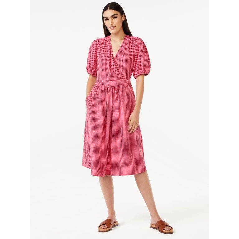Free Assembly Women's V-Neck Faux Wrap Midi Dress | Walmart (US)