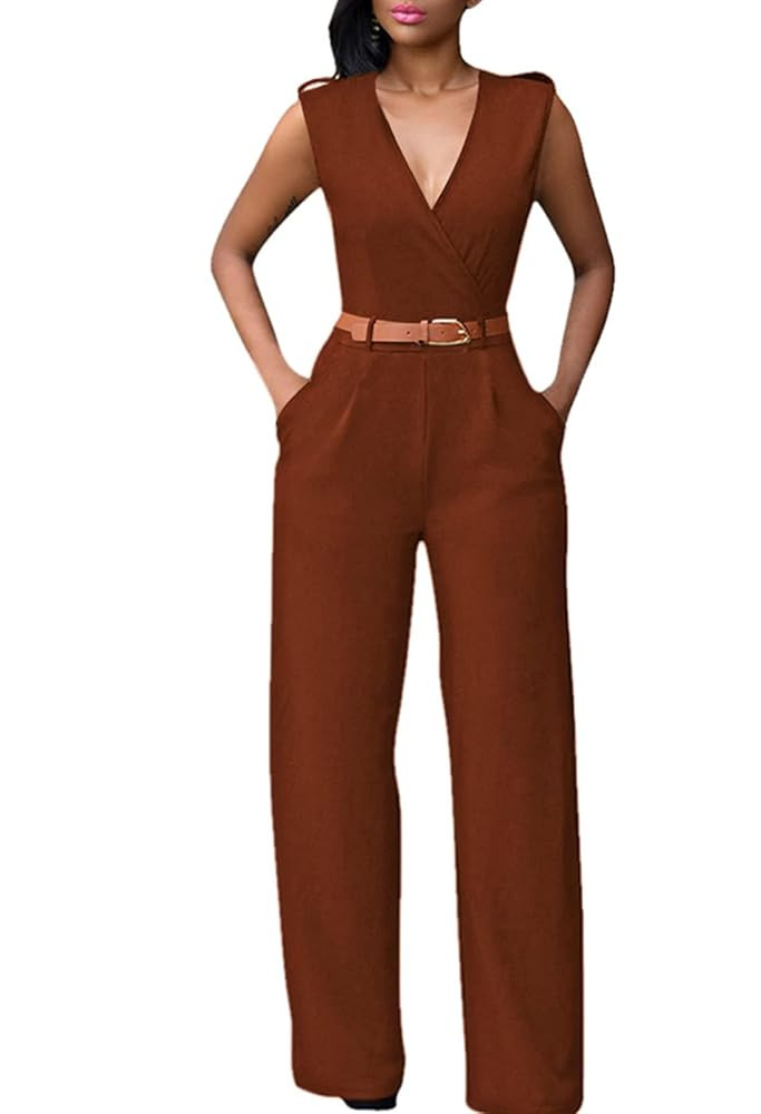 Pink Queen Jumpsuits for Women Dressy V Neck Sleeveless Wide Leg Long Pants Rompers | Amazon (US)