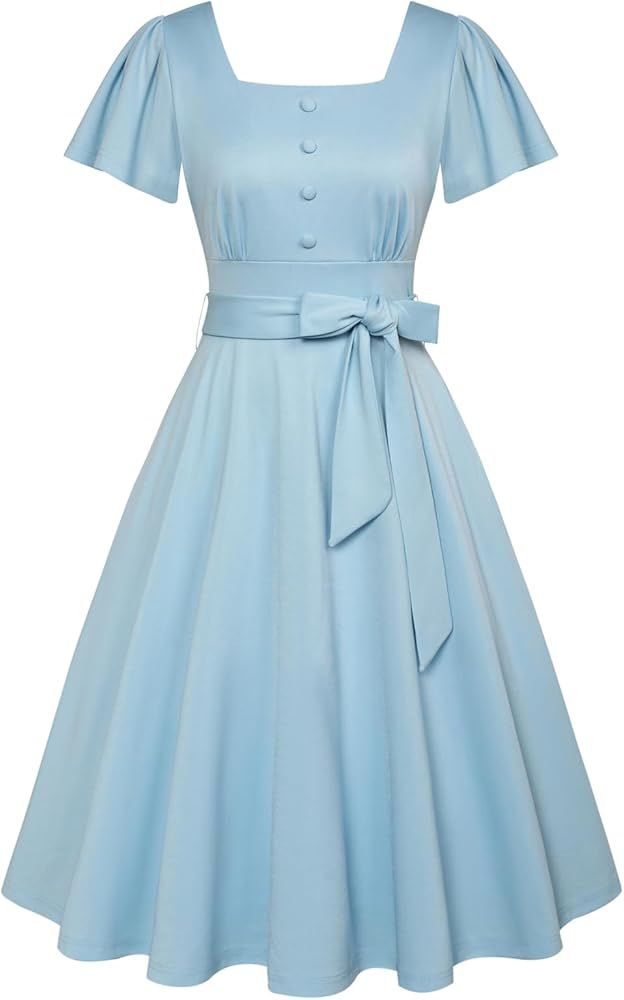 Belle Poque Women's Square Neck Dress Summer Ruffle Sleeve A Line 1950s Tea Party Dresses with Po... | Amazon (US)