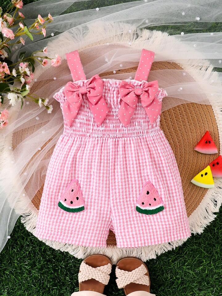 Baby Girl Sweet Bow Decor Watermelon Applique Plaid Strap Romper, Summer | SHEIN