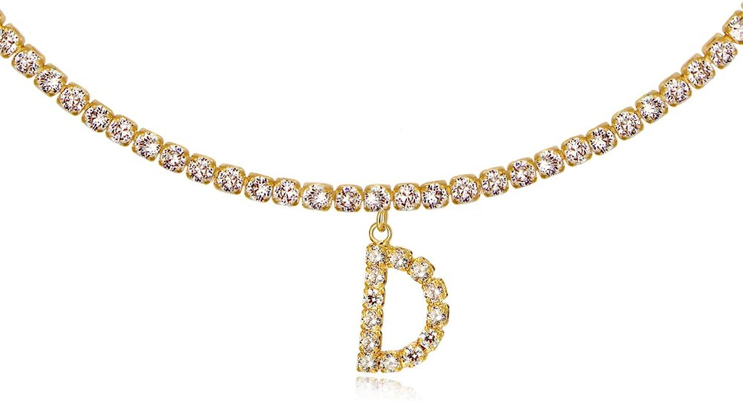 Letter Necklace 14k Gold Plated Tennis Chain Initial Choker Bling Iced CZ Diamond Necklace for Wo... | Amazon (US)