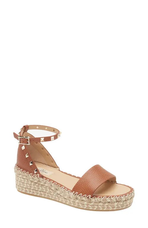 Valentino Garavani Rockstud Espadrille Wedge Sandal in 48L Selleria/naturale at Nordstrom, Size 11Us | Nordstrom