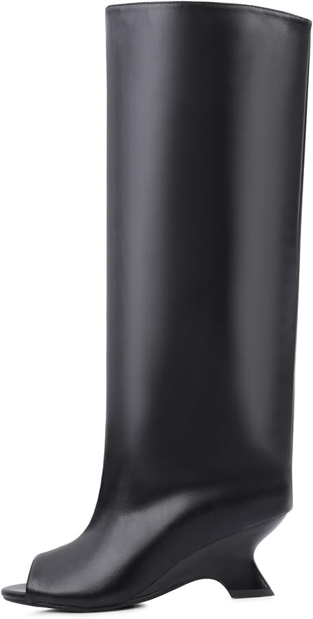 FancyQueen Open Toe Knee High Boots for Women Suede Wide Calf Peep Toe Wedge Heels Slouchy Tall B... | Amazon (US)