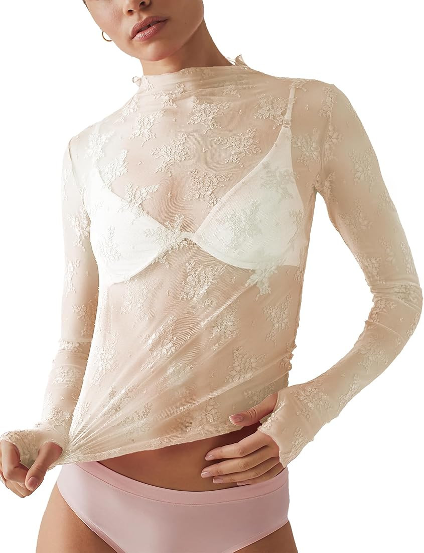 Ugerlov Women's Long Sleeve Mesh Top Mock Neck Sheer Blouse See Through Floral Lace Tops | Amazon (US)