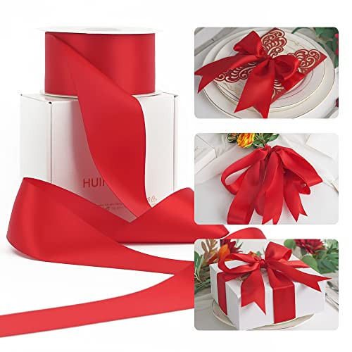 HUIHUANG Red Ribbon 2 inch Double Face Satin Ribbon Red Fabric Ribbon, 25 Yards/Roll for Crafts, Gift Wrapping, Flower Bouquet Wrap, Wedding Bridal Shower Holiday Decor, Hair Bows | Amazon (US)