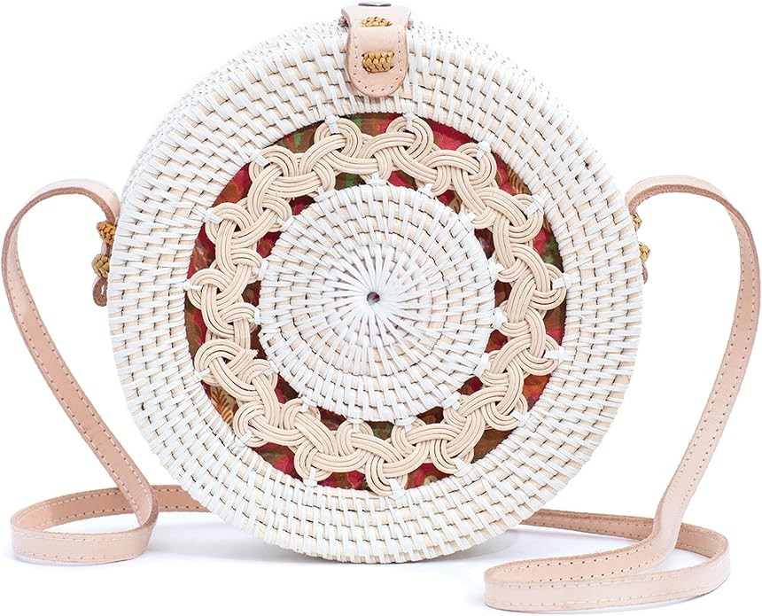 Novum Crafts Round Rattan Bag for Women - Handmade Straw Bags - Wicker Purse - Brown White Circle... | Amazon (US)