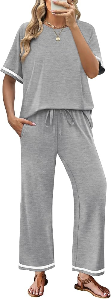 SAMPEEL 2 Piece Sets for Women Casual Summer Travel Vacation Outfits Short Sleeve Lounge Set | Amazon (US)