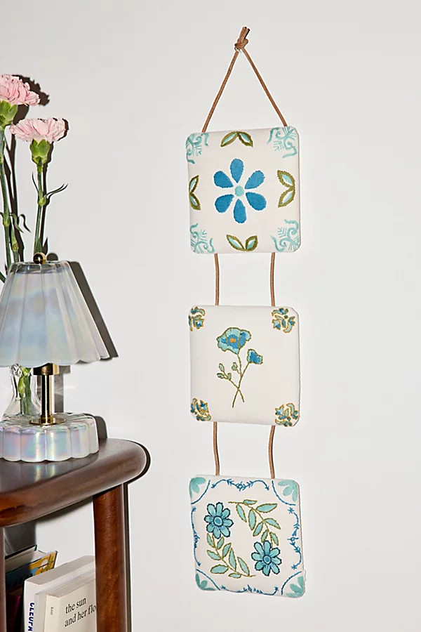 Mariana Tile Embroidered Wall Hanging in Floral Blue at Urban Outfitters | Urban Outfitters (US and RoW)