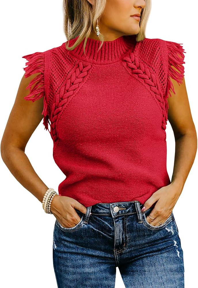 Saodimallsu Womens Sleeveless Sweater Vest Mock Neck Cable Knit Fringe Cap Sleeve Boho Trendy Pul... | Amazon (US)
