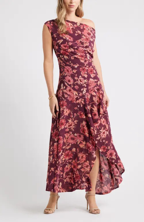 Chelsea28 Cascading Off the Shoulder Evening Dress in Burgundy- Pink Dahlia Floral at Nordstrom, Size Xx-Small | Nordstrom
