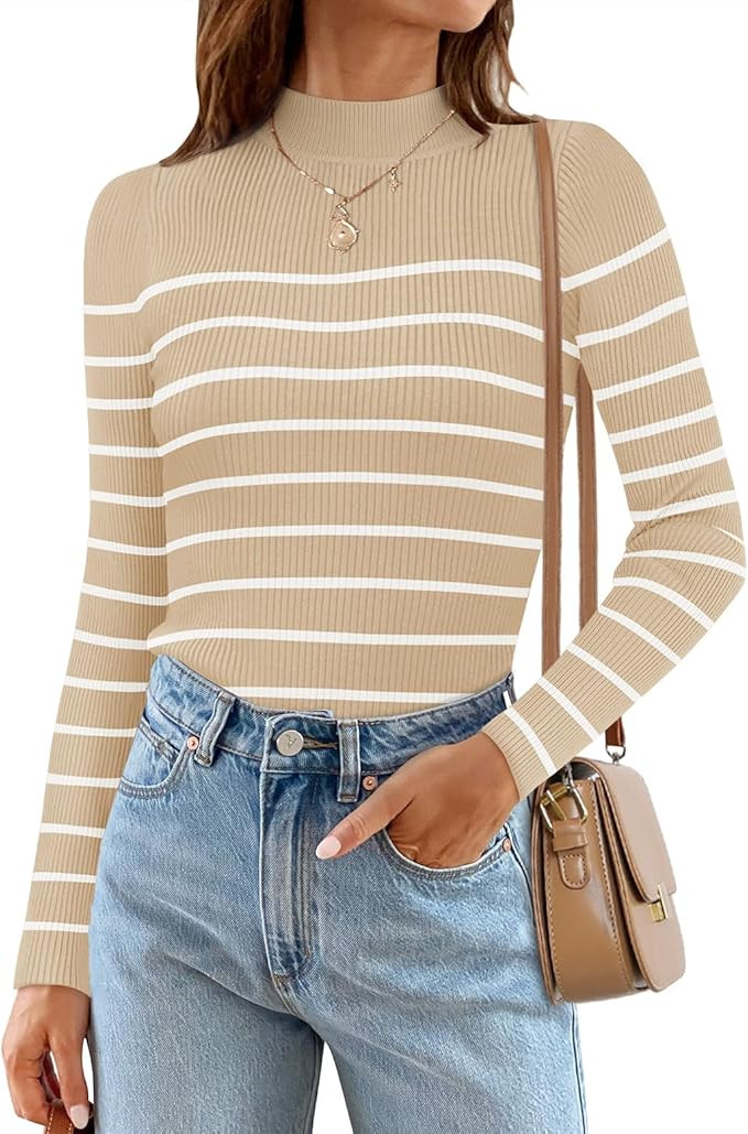 ZESICA Women's Mock Neck Sweaters Business Casual Long Sleeve Striped Ribbed Knit Tops | Amazon (US)