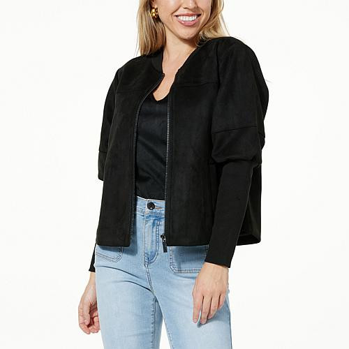 DG2 by Diane Gilman Faux Suede Puff Sleeve Bomber Jacket - Black - Size X-Large | HSN