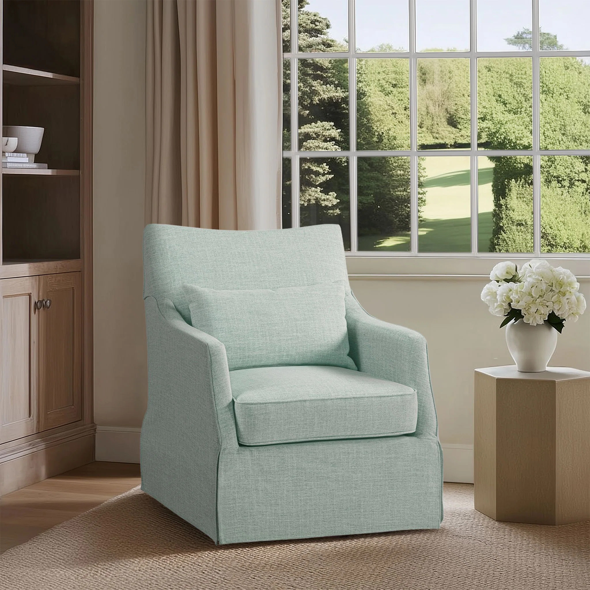 Bedford London Upholstered Skirted Swivel Armchair with Lumbar Pillow | Wayfair North America