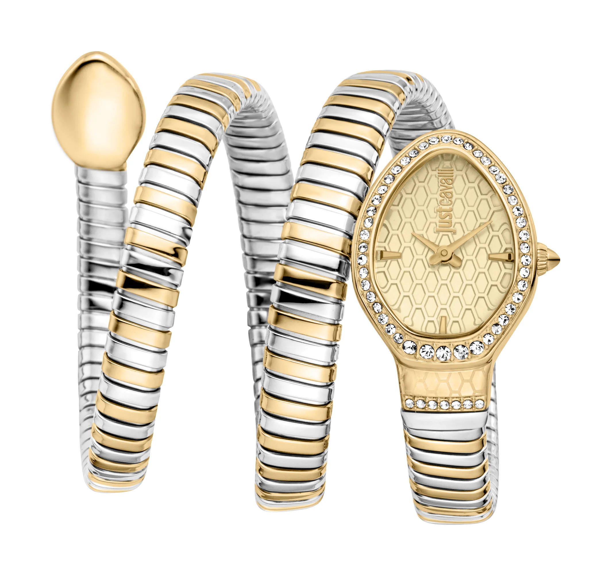 JUST CAVALLI Womens's Snake Watch, Gold Color Case, Champagne Dial, Two Tone Silver Stainless Steel Bracelet | Shop Simon