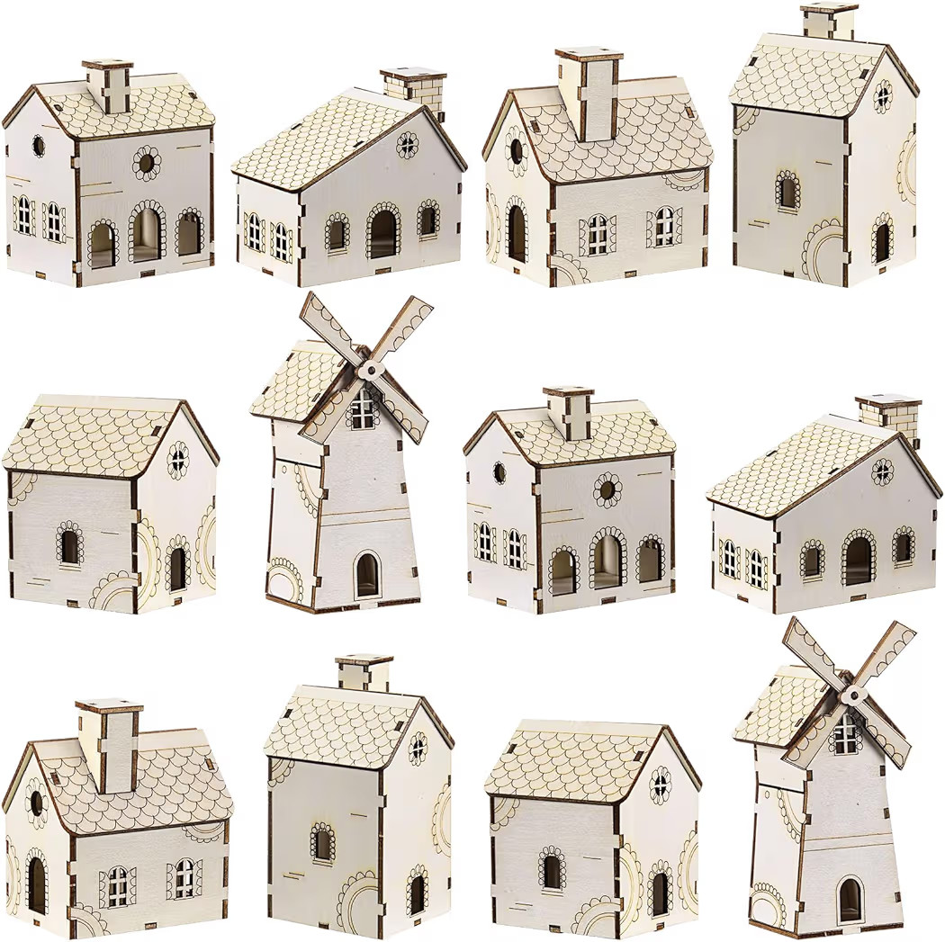 Hiboom 12 Pcs DIY Christmas Village Sets Wood Gingerbread Houses
        Christmas Mini Wooden Ho... | Amazon (US)