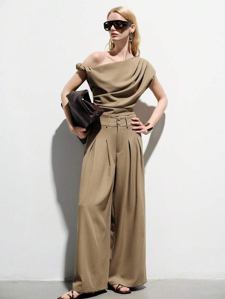 Aveloria Modichic Mocha Khaki Minimalist Urban Asymmetric Pleated Design Blouse + High Waist Pleated Wide Leg Pants Women 2 Pieces Set, Casual Commute Elegant Versatile Elastic Waist Loose Wide Leg Pants 2 Pieces Suit | SHEIN