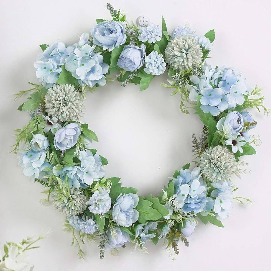 15.7inch Artificial Light Blue Hydrangea and Peony Floral Spring Wreath Silk Peony Wreath with Gr... | Amazon (UK)