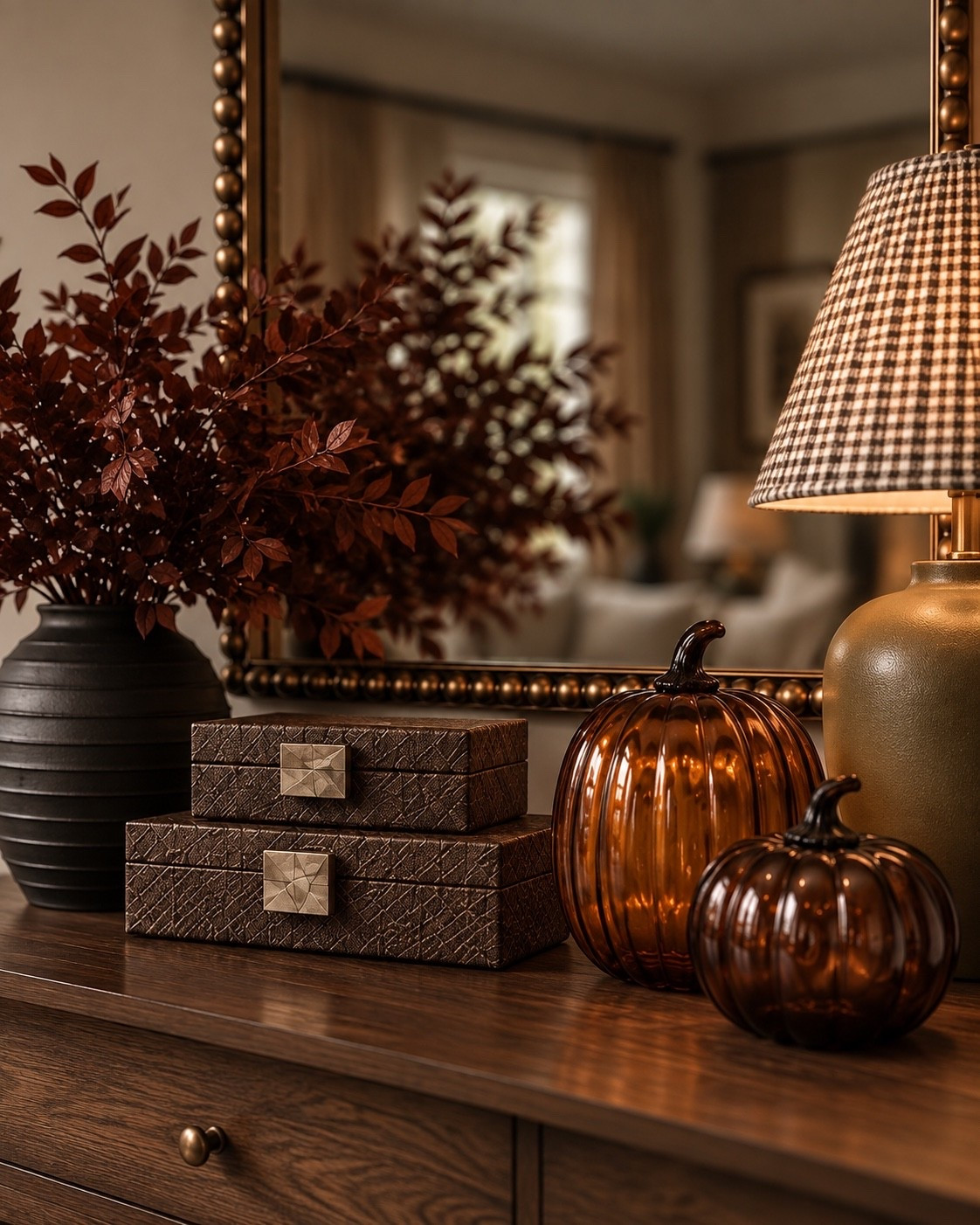 Modern organic fall home decor 🤎🍁 This fall console table is styled with warm wood tones, amber glass pumpkins, burgundy fall stems, a gingham table lamp and vintage-inspired accents. Linking my Amazon + Walmart home finds to recreate this cozy fall entryway.

#LTKxWalmart

#LTKSaleAlert #LTKSeasonal #LTKHome