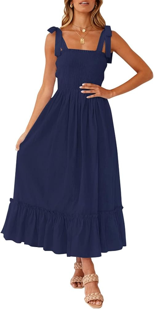 ZESICA Women's 2026 Summer Boho Spaghetti Strap Square Neck Solid Color Ruffle A Line Beach Long ... | Amazon (US)