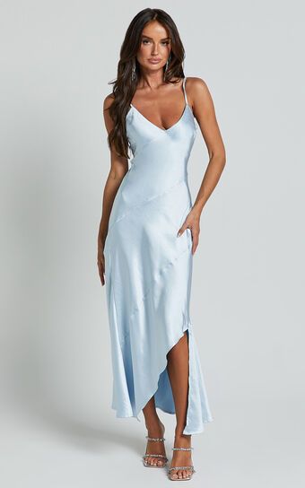 Ylona Maxi Dress - Asymmetric Draped Bias Cut Satin Slip Dress in Ice Blue | Showpo (US, UK & Europe)