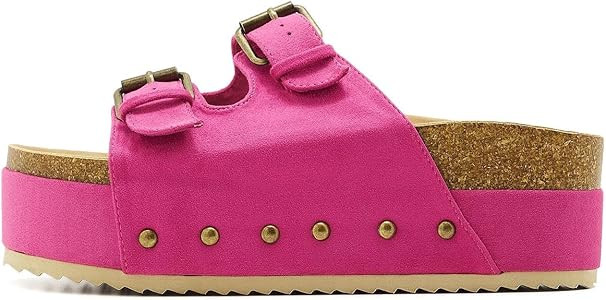 Women's Platform Sandals Cork Footbed Heeled Slides with Double Buckles Comfort Suede Clogs Summe... | Amazon (US)