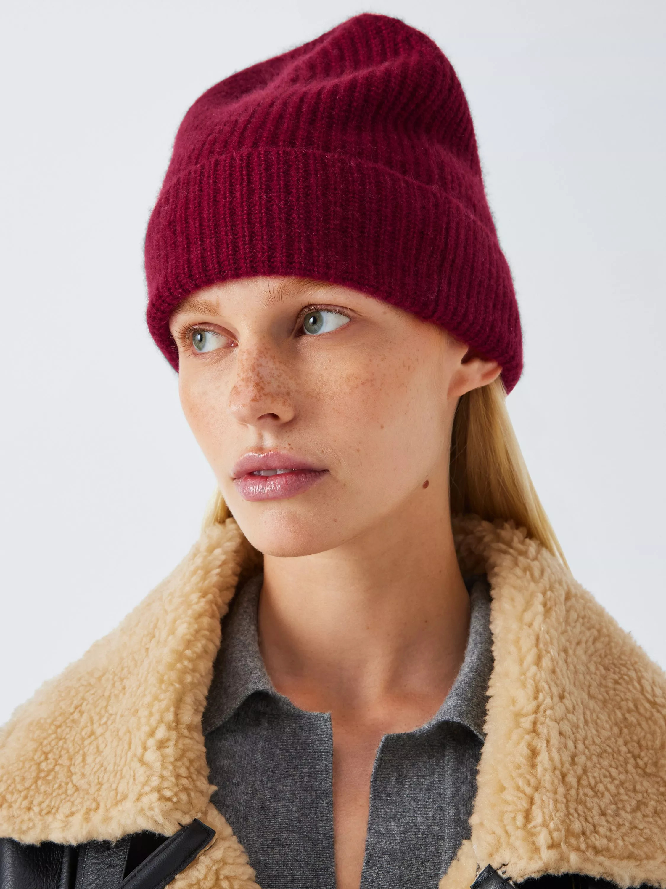 John LewisCashmere Rib Knit Beanie Hat, Berry | John Lewis (UK)