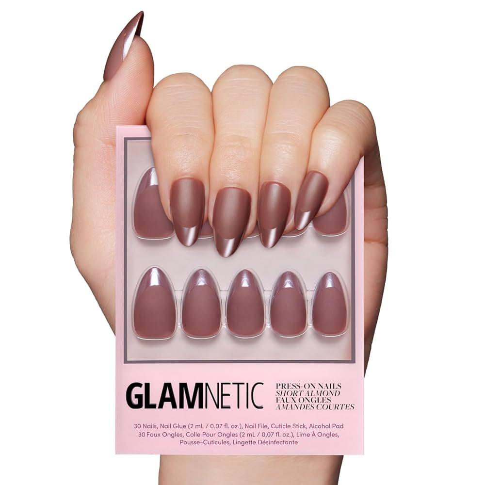 Glamnetic Press On Nails - Terra | Short Almond Dark Brown Nails with Glossy French Tips in a Mat... | Amazon (US)