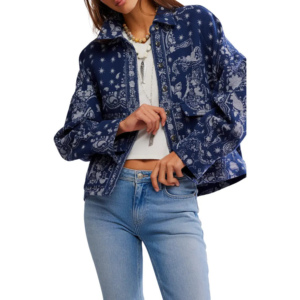 Free People Bandana Jacquard Shirt Jacket in Indigo Combo at Nordstrom, Size X-Small | Nordstrom
