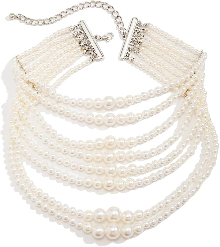 Big Pearl Necklace Round Pearl Jewelry Necklace Chunky Multi layered Choker Necklace for Women | Amazon (US)