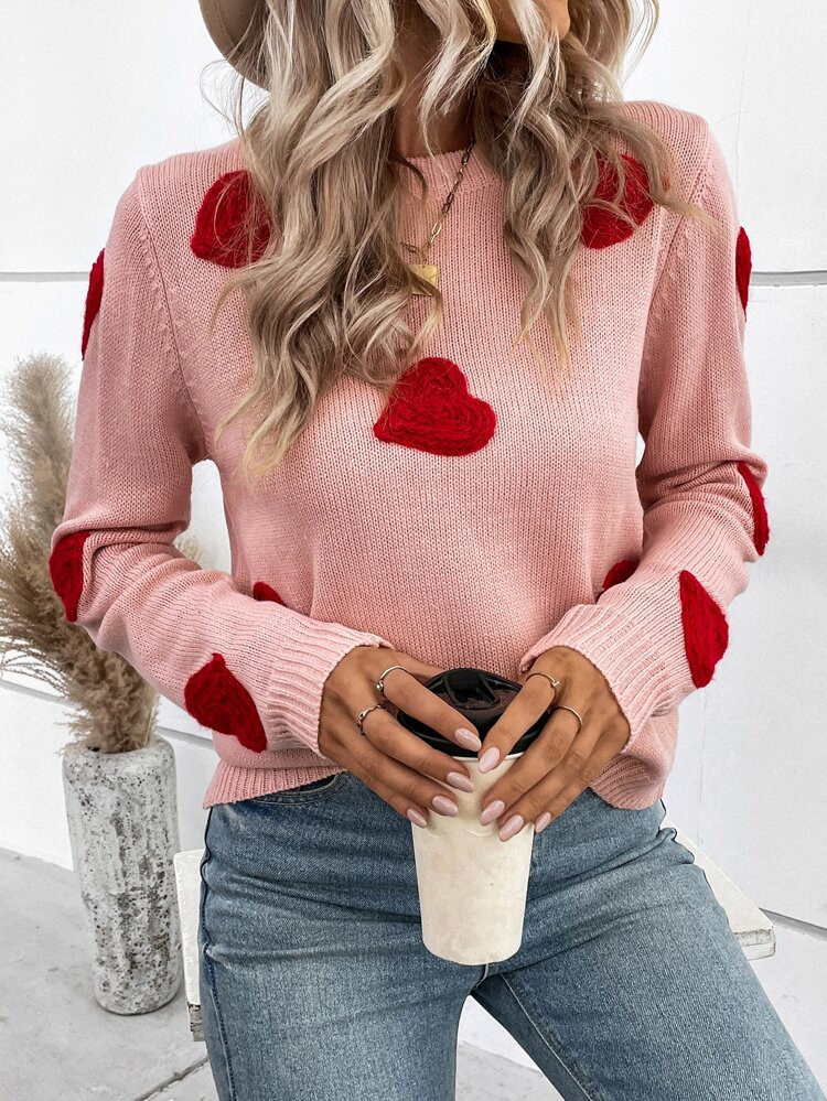 Heart Pattern Round Neck Sweater | SHEIN