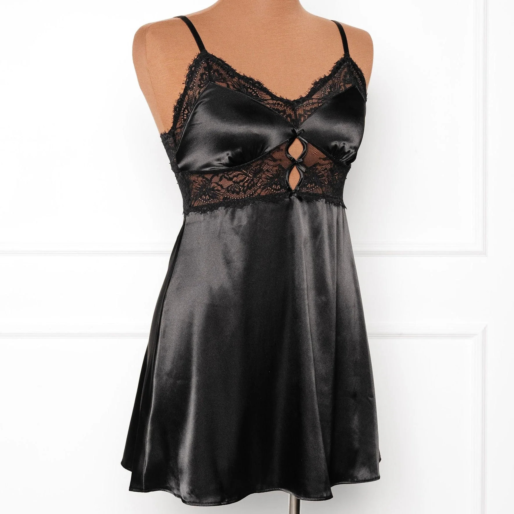 Satin & Eyelash Lace Slip - Black | Mentionables