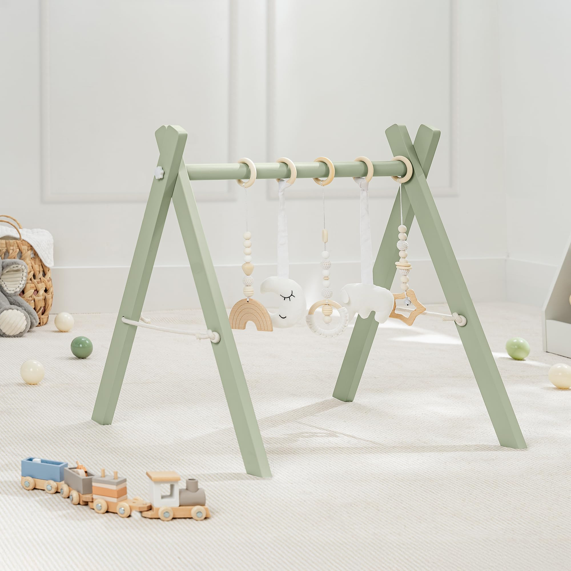 Comfy Cubs Wooden Baby Play Gym - Natural Finish Pinewood Baby Activity Gym with 5 Sensory Hanging Toys - Easy No-Tool Assembly, Safe and Durable for Infant Motor and Visual Development - Sage | Amazon (US)