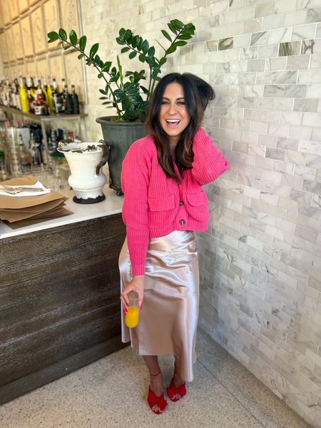 A Galentine’s Day brunch outfit 💘 or a Wednesday pink outfit you’ll love. This chunky knit cardigan is so flattering and easy to pair with jeans or skirts. The satin midi skirt and Loeffler Randall bow heels are so fun too! Happy shopping 🛍️ 
.
.
.
.
.
.
.
.
.
.
#pinksweater #redheels #valentinesday #feminine #pinkskirt #ysl #luxurypurse

#LTKFind #LTKshoecrush #LTKsalealert