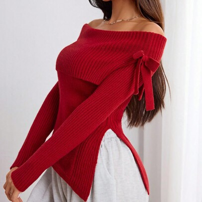 Women's Solid Color Off Shoulder Long Sleeve Sweater With Asymmetric Hem & Bow Decor, Autumn/Winter | SHEIN